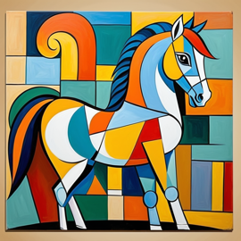 abstract cubism style portrait of mustang horse inspired by picasso, blending creativity and classic art in a bold representation.