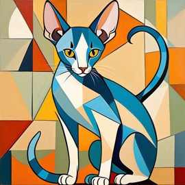 abstract cubism style portrait of oriental shorthair cat inspired by picasso, blending creativity and classic art in a bold representation.