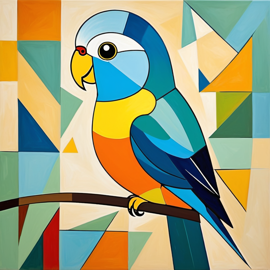 abstract cubism style portrait of parakeet (budgerigar) bird inspired by picasso, blending creativity and classic art in a bold representation.