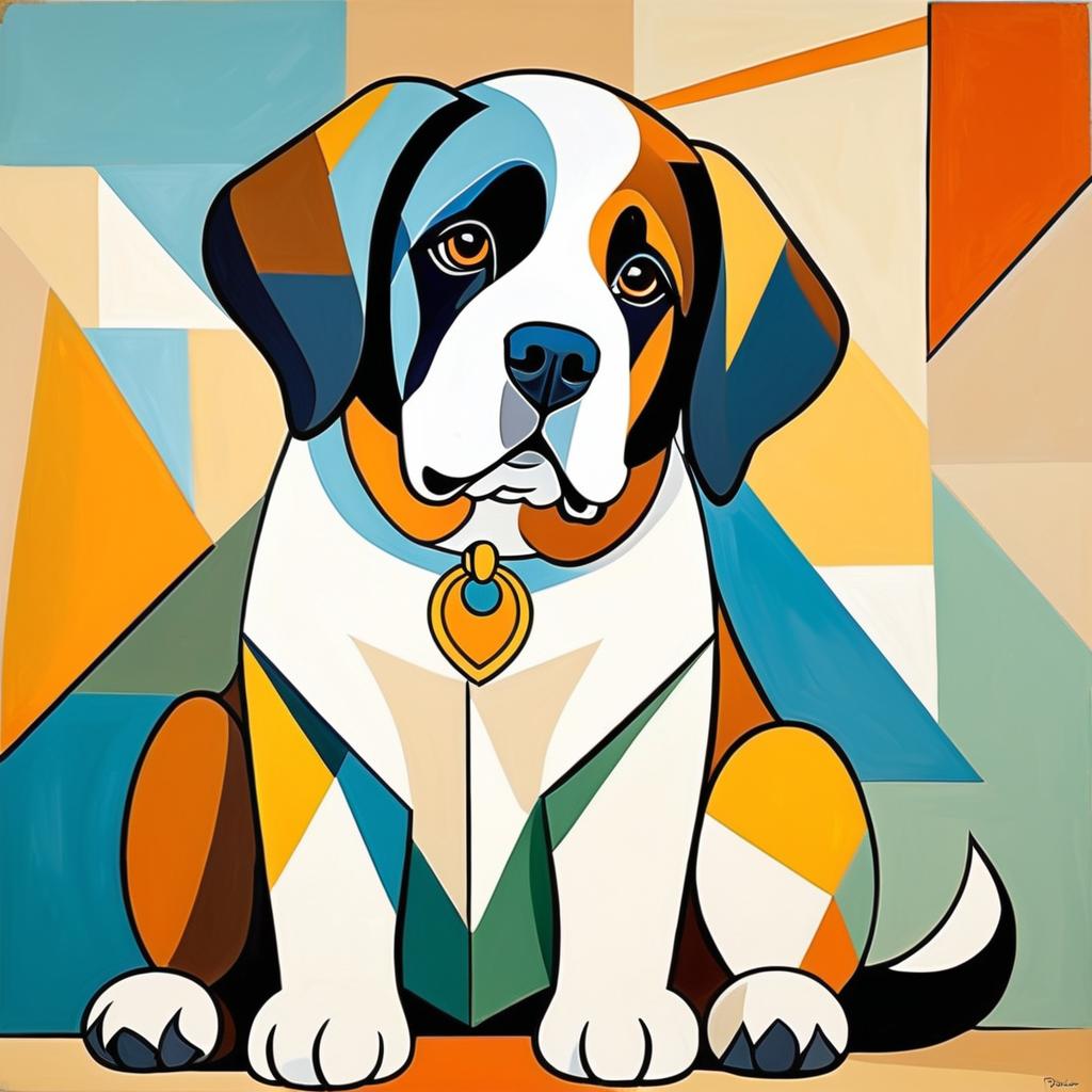 abstract cubism style portrait of saint bernard inspired by picasso, blending creativity and classic art in a bold representation.