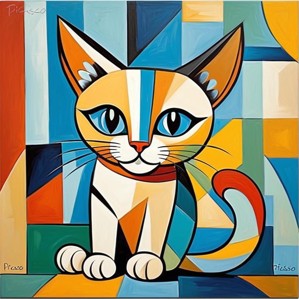 abstract cubism style portrait of siamese cat inspired by picasso, blending creativity and classic art in a bold representation.