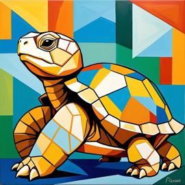 abstract cubism style portrait of sulcata tortoise turtle/tortoise inspired by picasso, blending creativity and classic art in a bold representation.