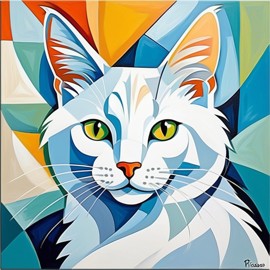 abstract cubism style portrait of turkish angora cat inspired by picasso, blending creativity and classic art in a bold representation.