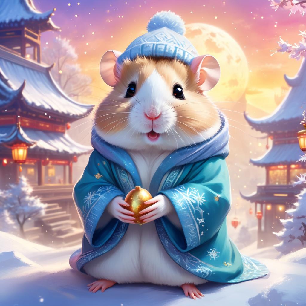 chinese hamster in a winter scene, wearing stylish winter clothing, looking cute and happy.