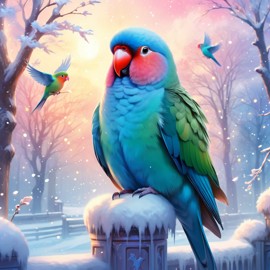 lovebird bird in a winter scene, wearing stylish winter clothing, looking cute and happy.