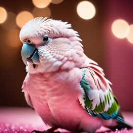 parakeet (budgerigar) bird dressed in pink clothing, in a beautiful pink scene, radiating joy and cuteness.