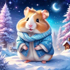 syrian hamster in a winter scene, wearing stylish winter clothing, looking cute and happy.