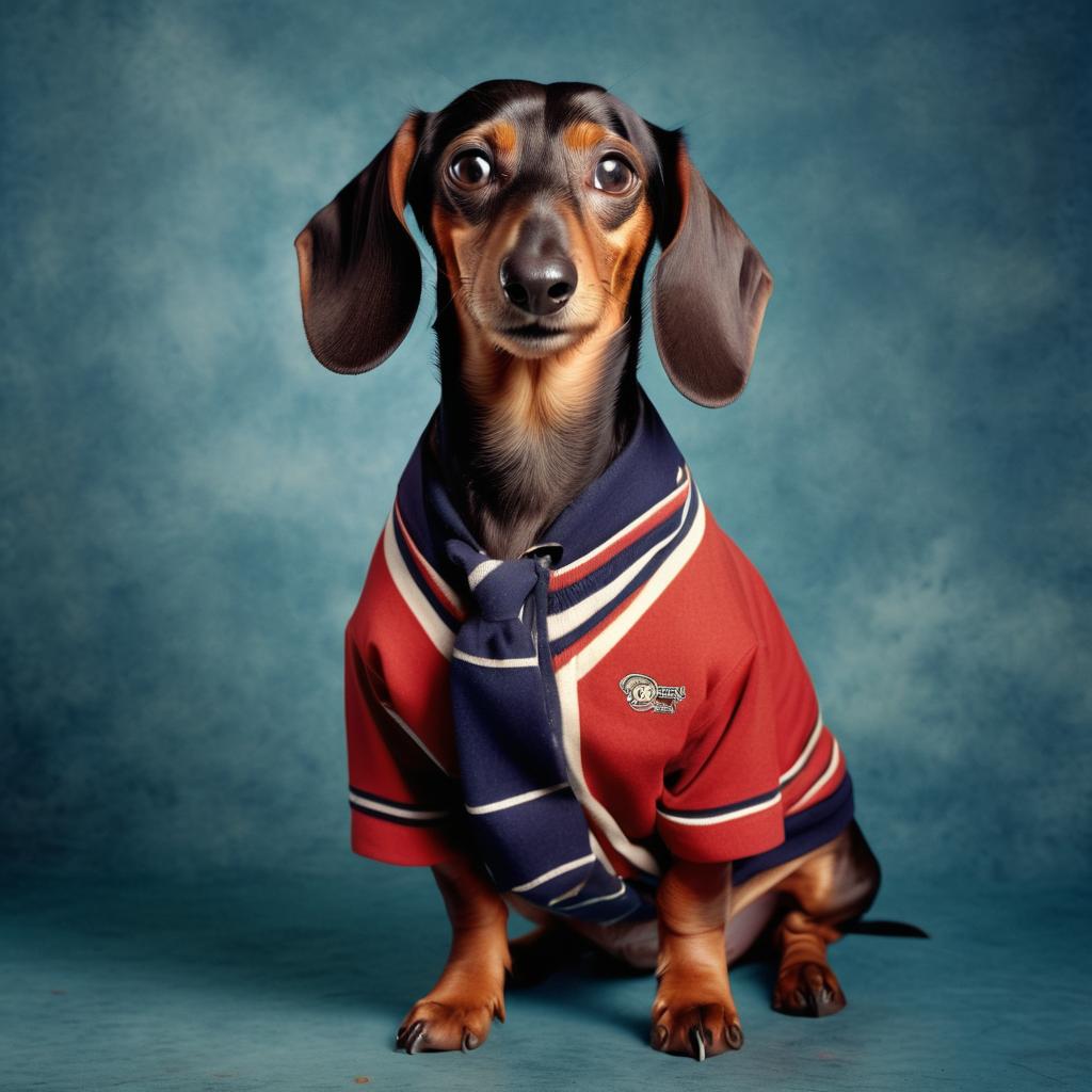 90s yearbook photo of dachshund in old school clothing, full body, vintage background.