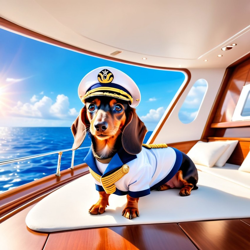 dachshund as a captain on a luxury yacht, wearing captain uniform, ethereal and majestic.