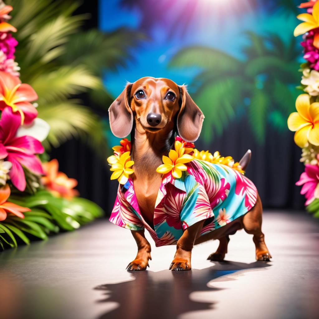 dachshund strutting down the fashion show catwalk stage in a vibrant hawaiian shirt and a floral lei, high energy and joyful.