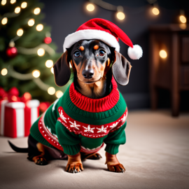 dachshund in a christmas sweater and santa hat, festive and detailed.