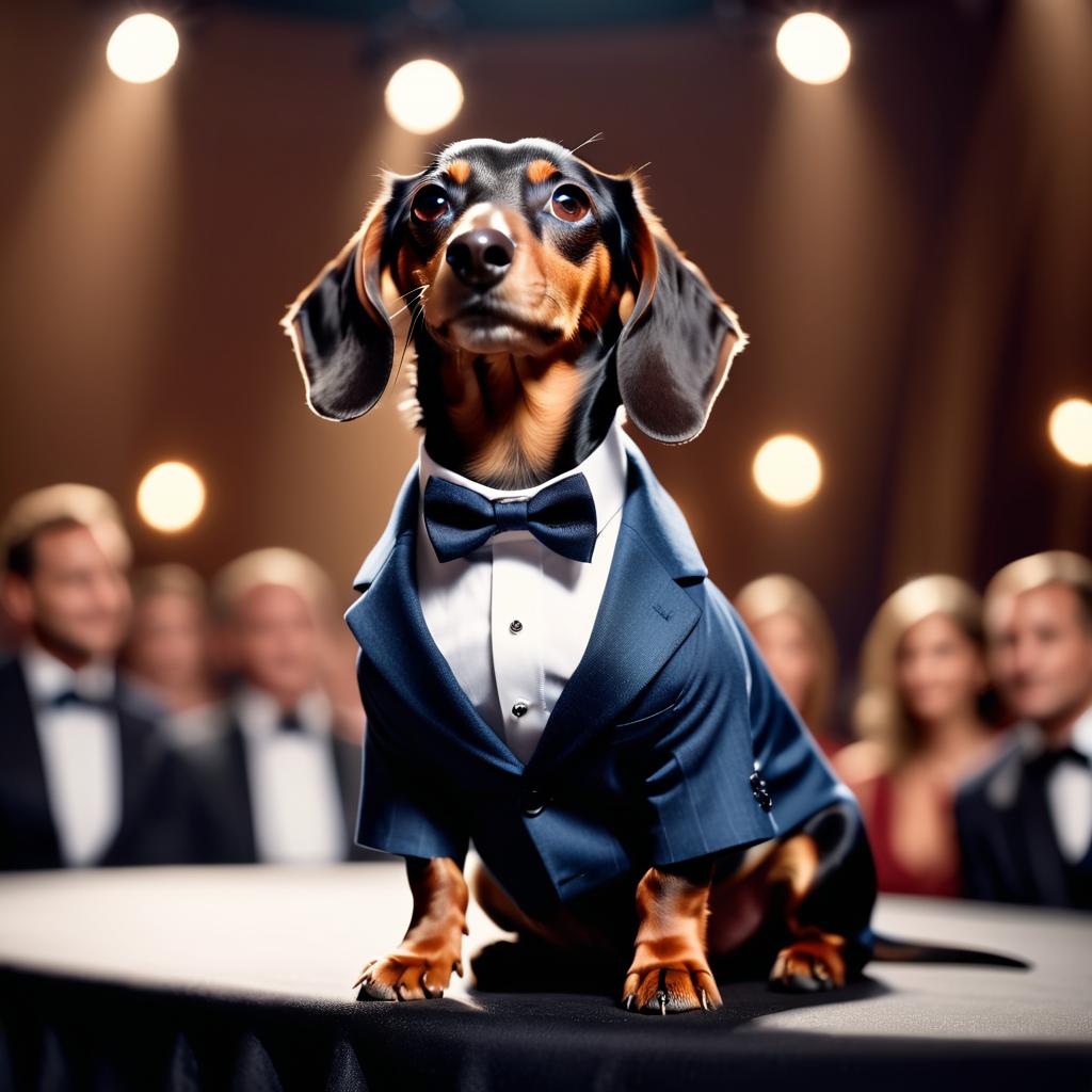 dachshund in a classy suit on a fashion stage, showcasing elegance and charm in a highly detailed, epic scene.