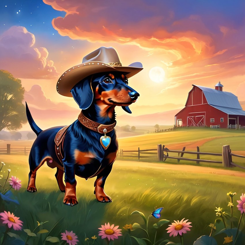 dachshund as a cowboy wearing a hat, in the midwest countryside, on a farm.