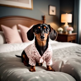 dachshund in cute pyjamas, relaxing in a beautiful posh bedroom, highlighting happiness and coziness.