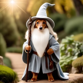 cinematic image of dachshund as gandalf from lord of the rings, complete with a white beard and a mystical setting.