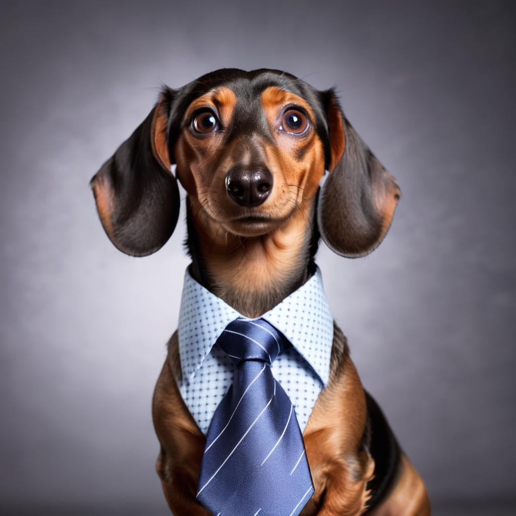 professional headshot of dachshund wearing a shirt and tie for a cv or linkedin, studio photo.