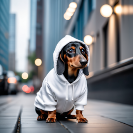 dachshund in a white hoodie, showcasing a modern urban setting with a cute and stylish look.