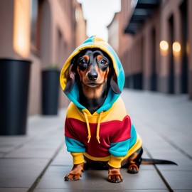 dachshund in a colorful hoodie, set in a modern urban environment with a stylish and trendy vibe.