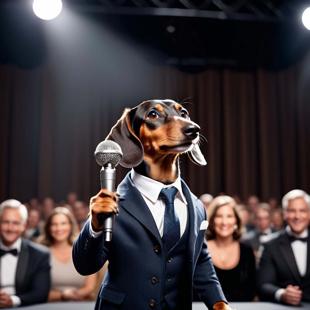 dachshund as a keynote speaker on stage, dressed elegantly, holding a microphone, exuding charisma and confidence.