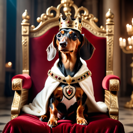 dachshund as a king in a magical castle, wearing a crown and robe, seated on a throne.