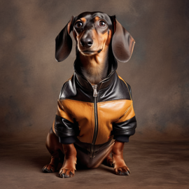 90s yearbook photo of dachshund in a leather jacket, full body, vintage background.