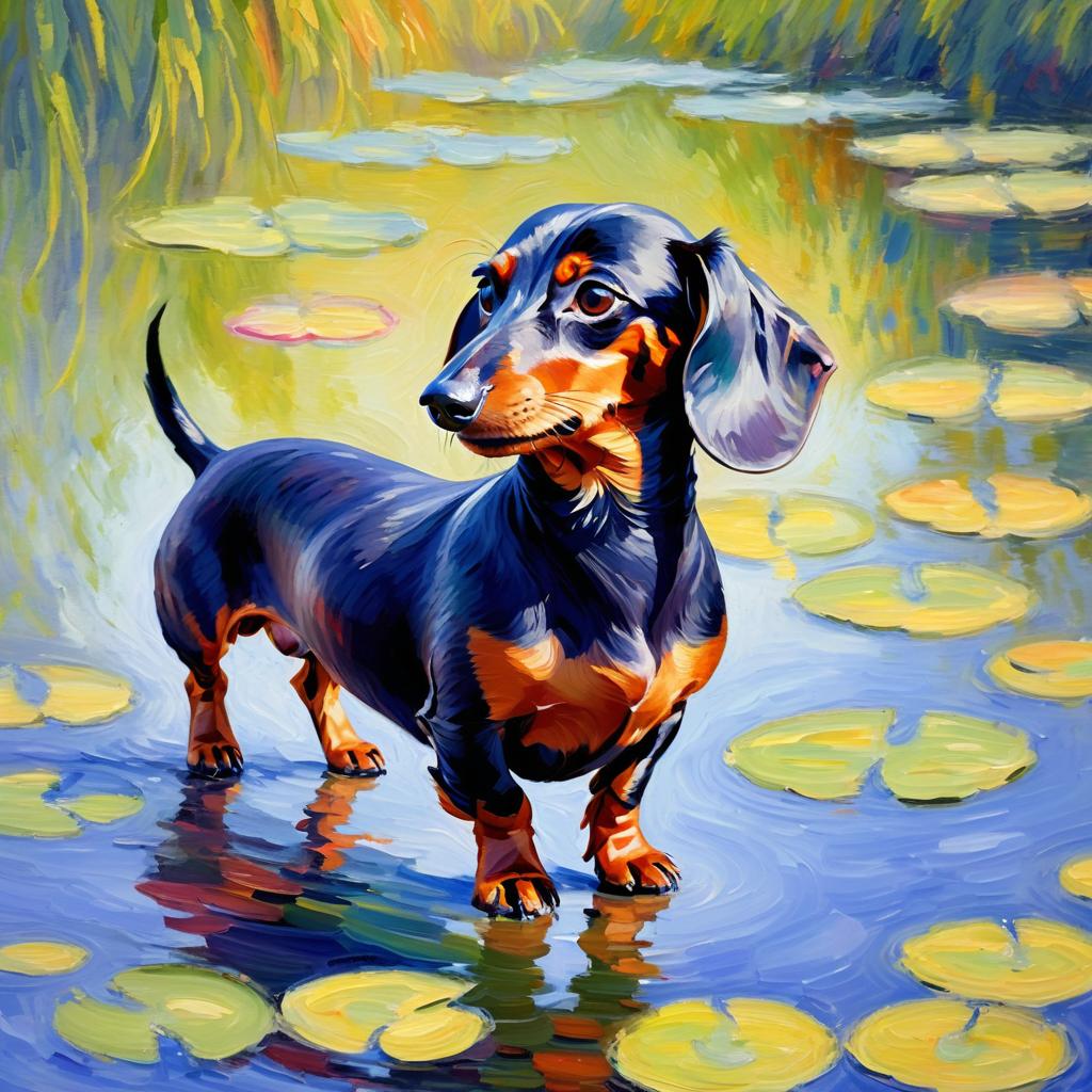 dachshund in the style of monet, featuring delicate brush strokes and a classic, artistic appearance.