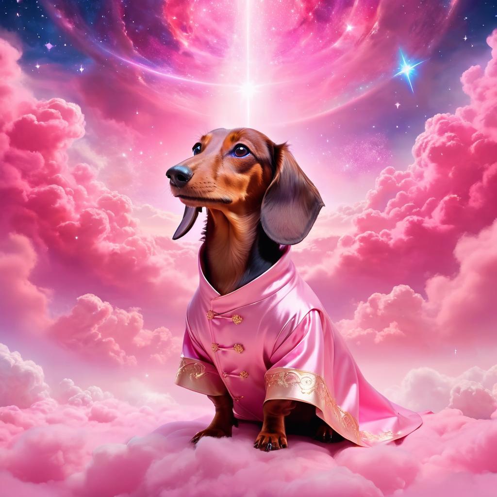 dachshund in pink clothing, set in a beautiful pink scene with a dreamy, magical vibe.