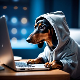 dachshund as a programmer, working on a laptop in a hoodie, capturing a cute and happy moment.