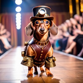 dachshund strutting down the fashion show catwalk stage in an elaborate steampunk outfit featuring leather harnesses, brass gears, and a top hat, high energy and dramatic.