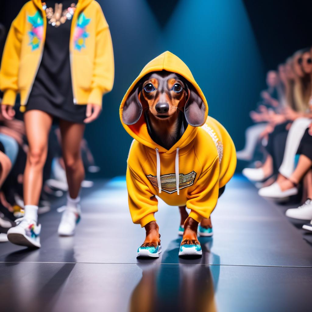 dachshund strutting down the fashion show catwalk stage in trendy streetwear including a cool hoodie and sneakers, high energy and trendy.