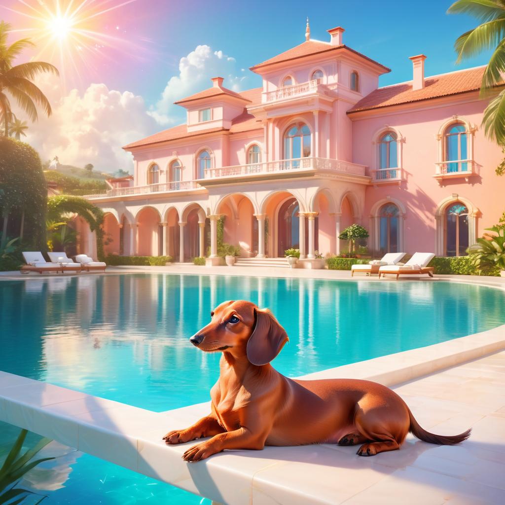 dachshund suntanning next to a luxurious villa pool, capturing a posh and magical moment.