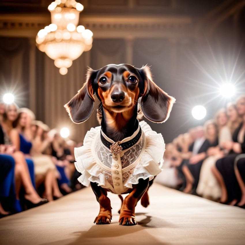 dachshund strutting down the fashion show catwalk stage in a vintage victorian outfit with lace and ruffles, high energy and majestic.