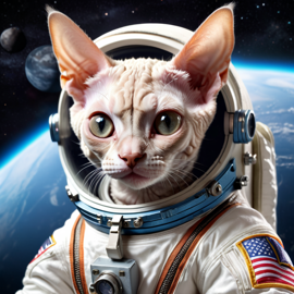 devon rex cat as astronaut in space, wearing spacesuit, highly detailed and lifelike.