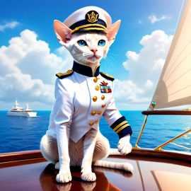 devon rex cat as a captain on a luxury yacht, wearing captain uniform, ethereal and majestic.