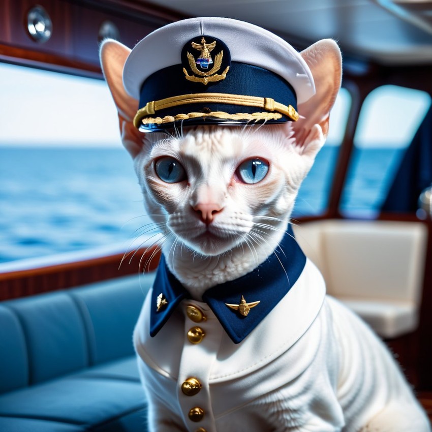 devon rex cat as a captain on a luxury yacht, wearing captain uniform, against a blue sea.