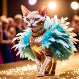 devon rex cat strutting down the fashion show catwalk stage in a sparkling sequined dress with a feathered boa, high energy and dramatic.