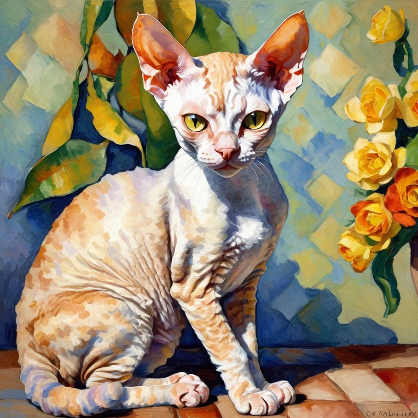 devon rex cat in the style of cezanne, highlighting classic brush strokes and an elegant, timeless look.