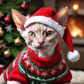 devon rex cat in a christmas sweater and santa hat, lifelike and festive.