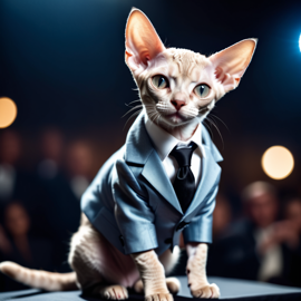 devon rex cat in a classy suit on a fashion stage, showcasing elegance and charm in a highly detailed, epic scene.