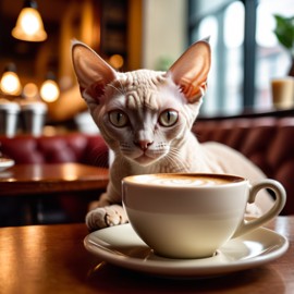 devon rex cat sitting in a cozy coffee shop with a cup of coffee, detailed and vibrant.