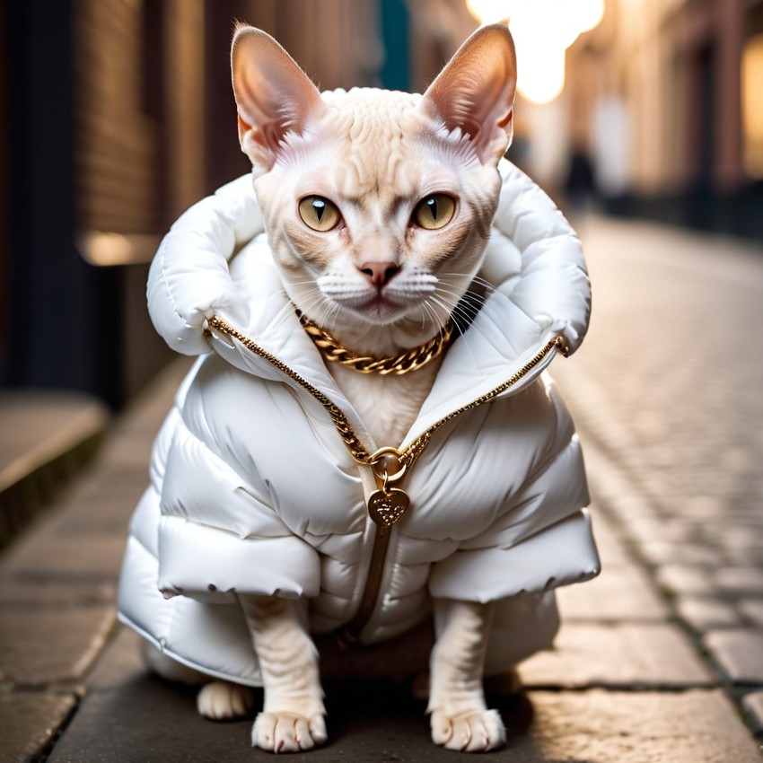 devon rex cat in a large white puffer coat with golden hip hop chains, set in a posh urban environment.