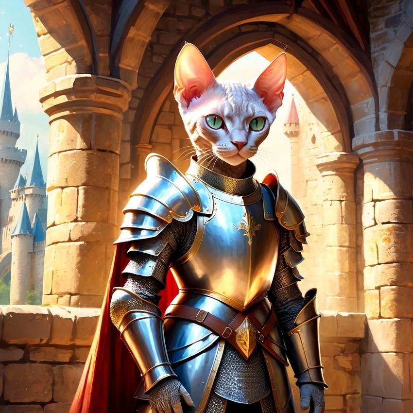 devon rex cat as a medieval knight in a majestic castle, ethereal and painterly style.