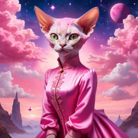 devon rex cat in pink clothing, set in a beautiful pink scene with a dreamy, magical vibe.