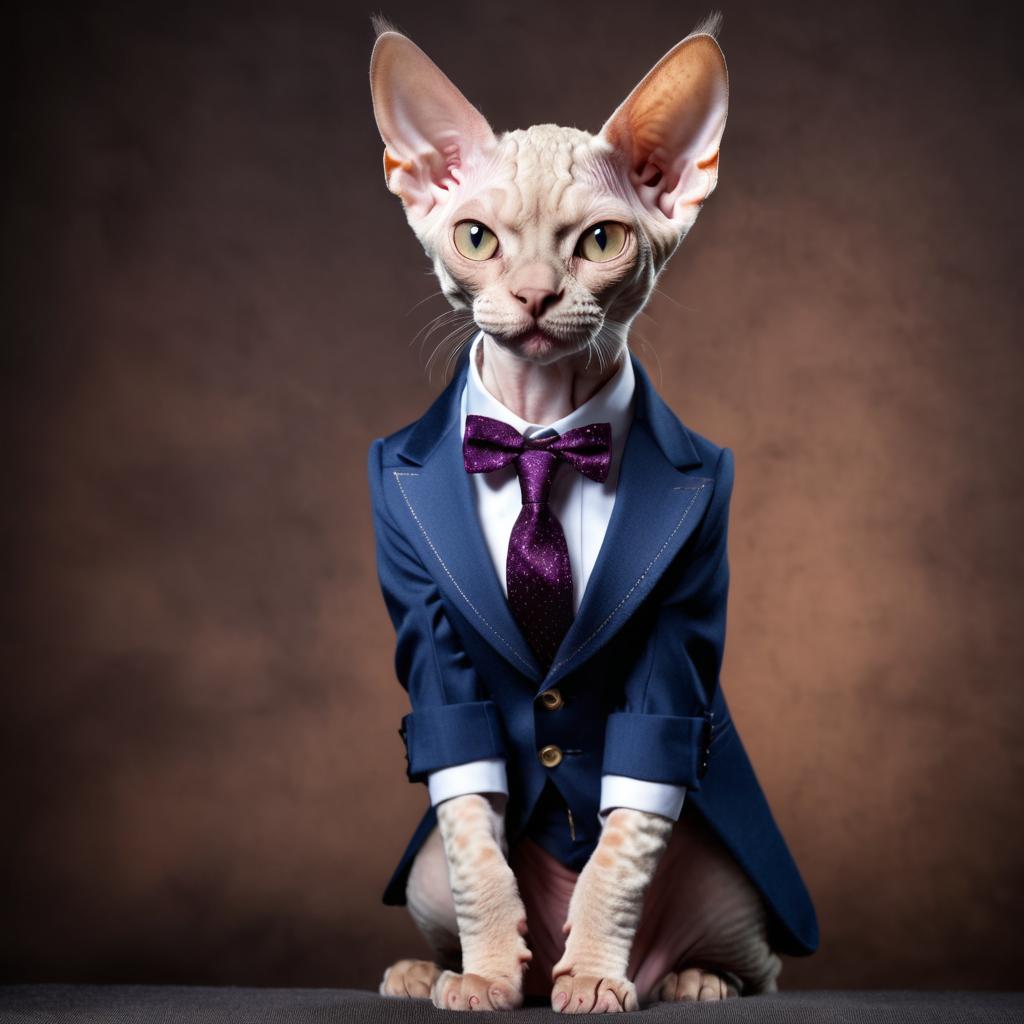 devon rex cat in a stylish suit, posing against a diffused background, looking cute and professional.