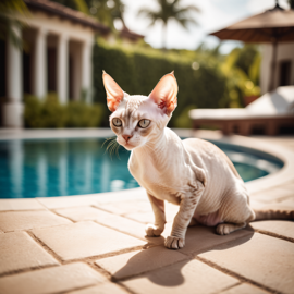 devon rex cat suntanning next to a luxurious villa pool, capturing a posh and happy moment.