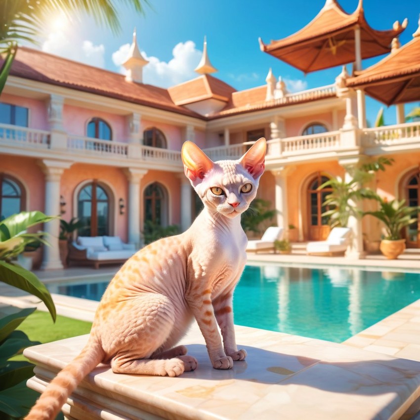 devon rex cat suntanning next to a luxurious villa pool, capturing a posh and magical moment.