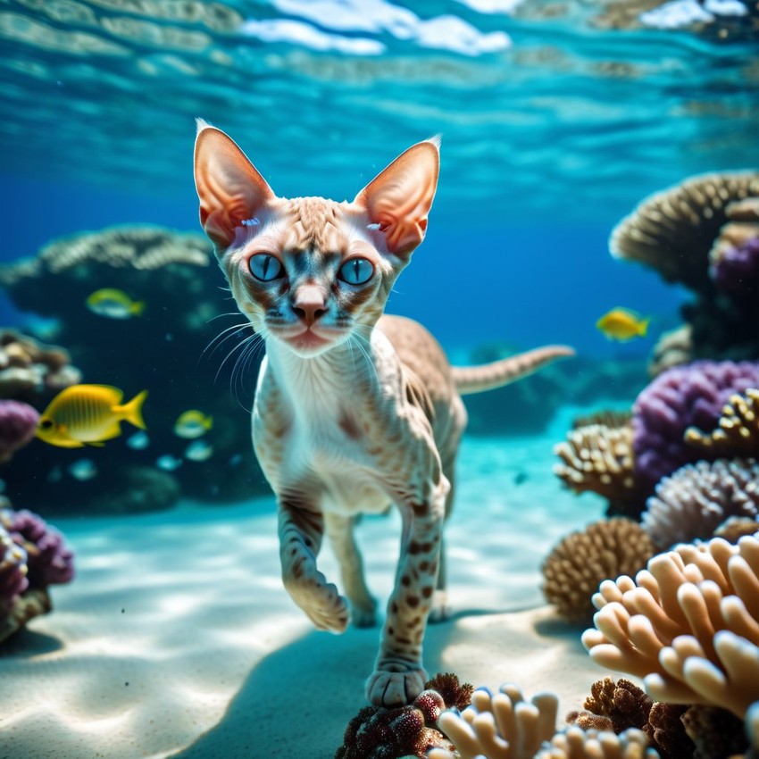 devon rex cat swimming in a vibrant blue ocean with fish and coral reef, capturing a sunny and happy underwater scene.