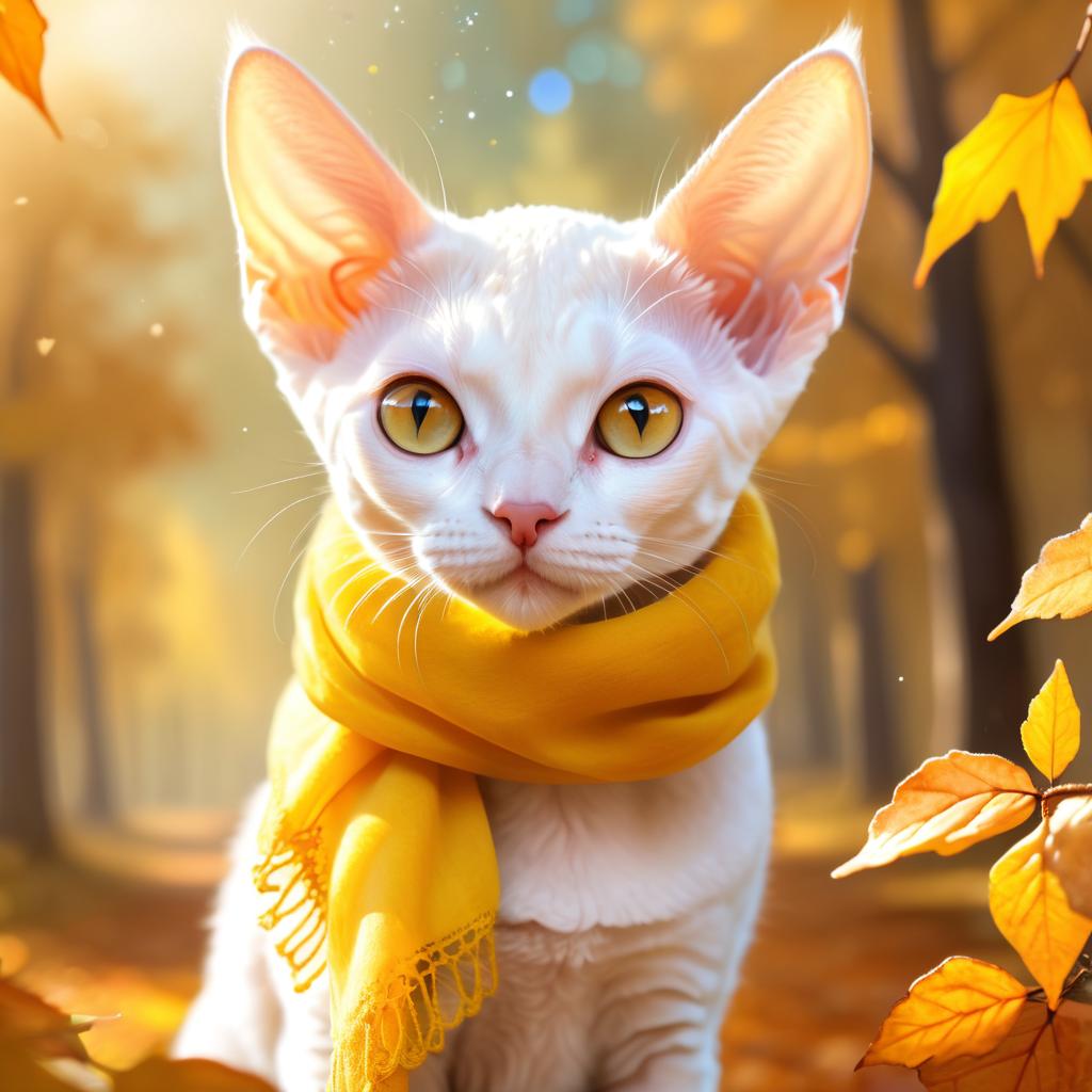 devon rex cat in a yellow scarf, ethereal and magical style.