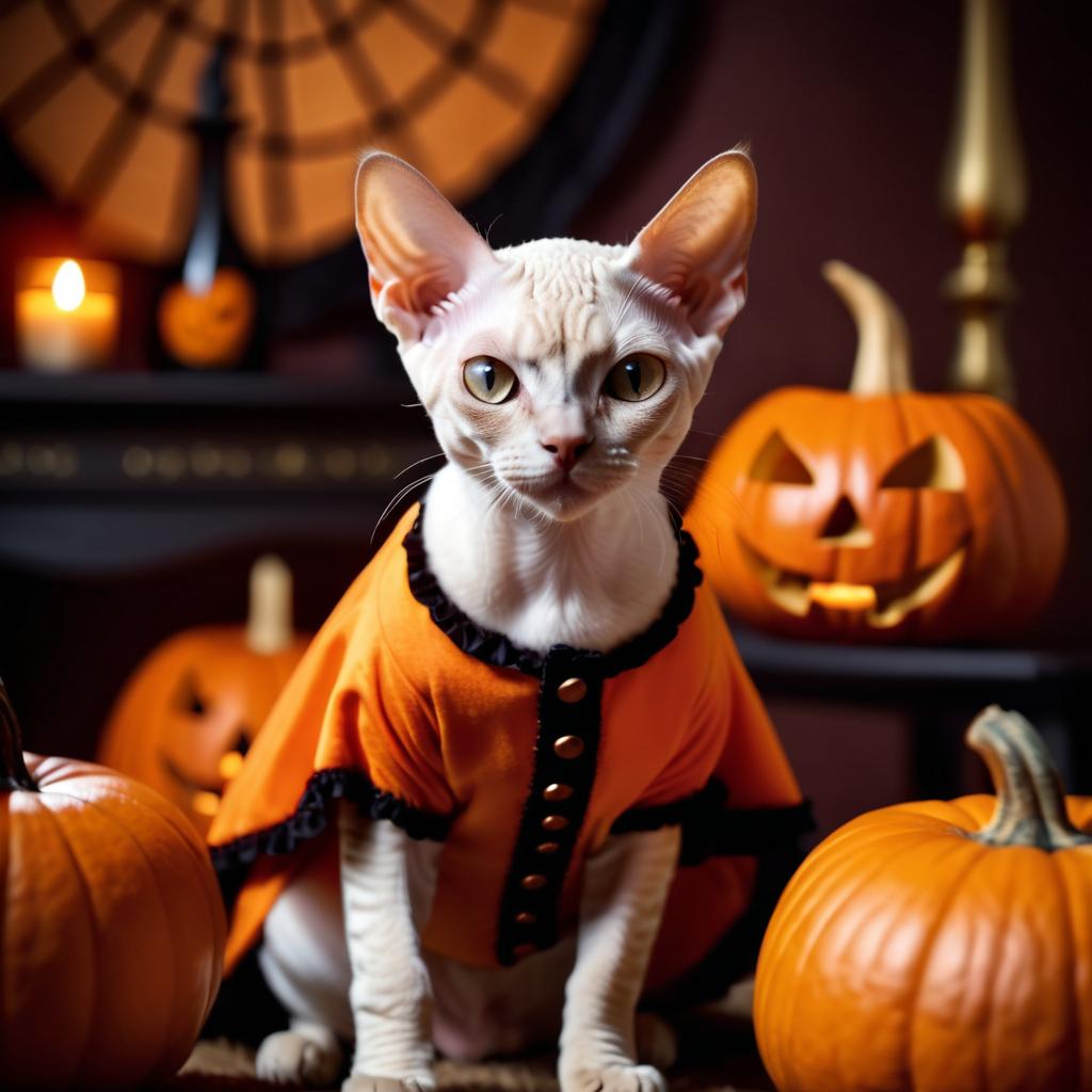 devon rex cat in a halloween costume with pumpkins and eerie decorations, highlighting their festive spirit.