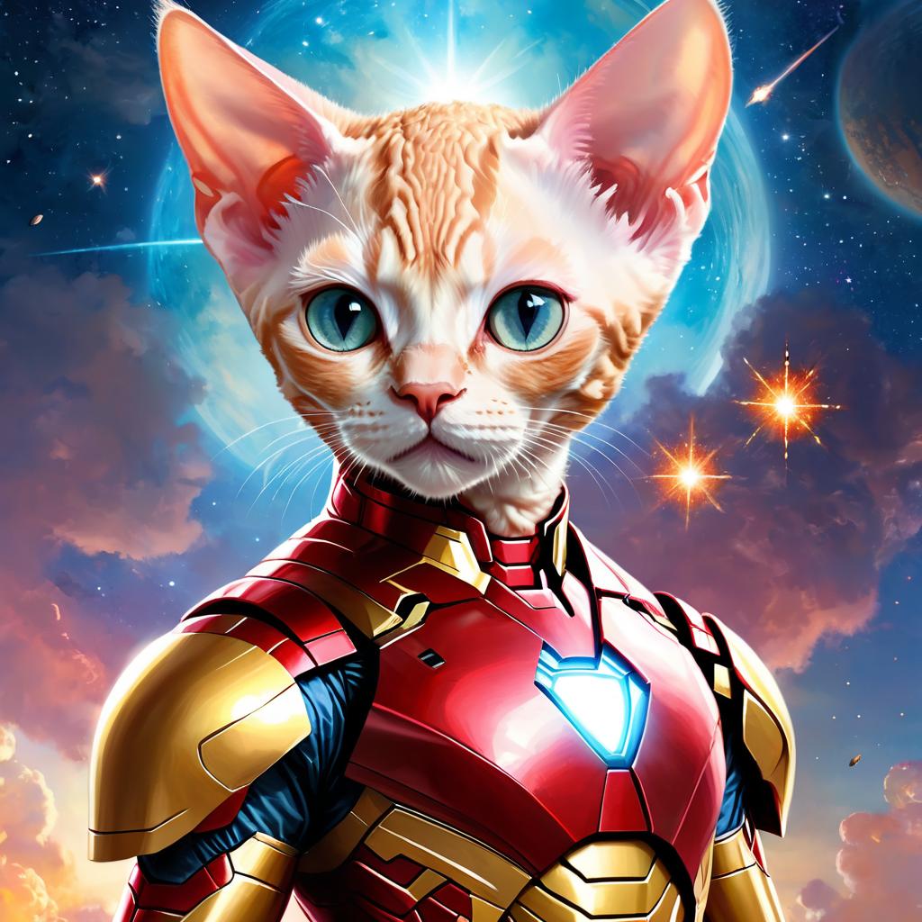 devon rex cat as iron man, showcasing a celestial, painterly style with a magical iron man costume.